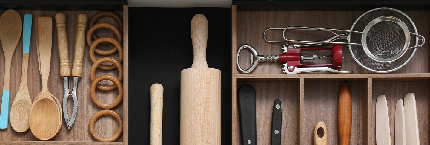 Kitchen drawer with kitchen utensils