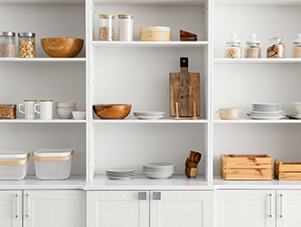 Kitchen shelves with plates and other kitchen items