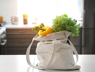 Vegetables in a bag on kitchen counter