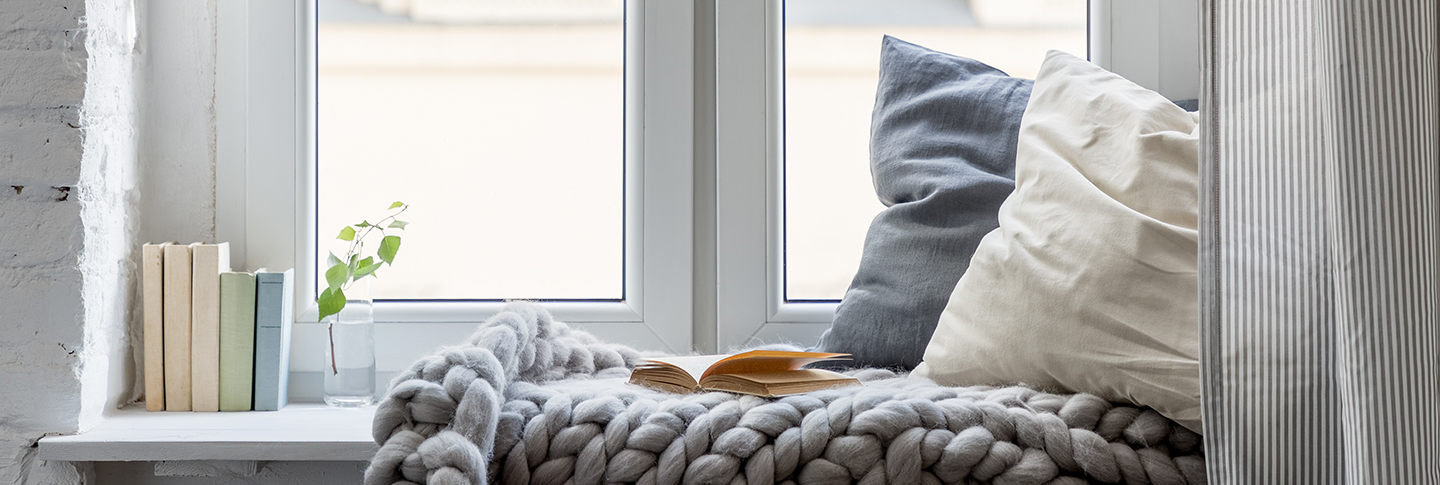 Pillows and blanket next to window